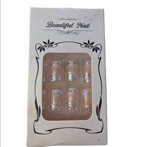 Beautiful Nails White Silver Glitter Clusters Medium Oval False Nails